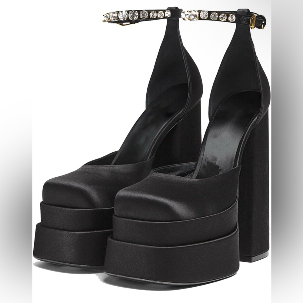 Elegant Satin Double Platform Heels With Gem Ankle Strap